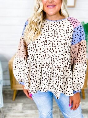 ODDY Cream Leopard Peplum Top with Brown Spots and Pastel Blue & Pink Sleeves